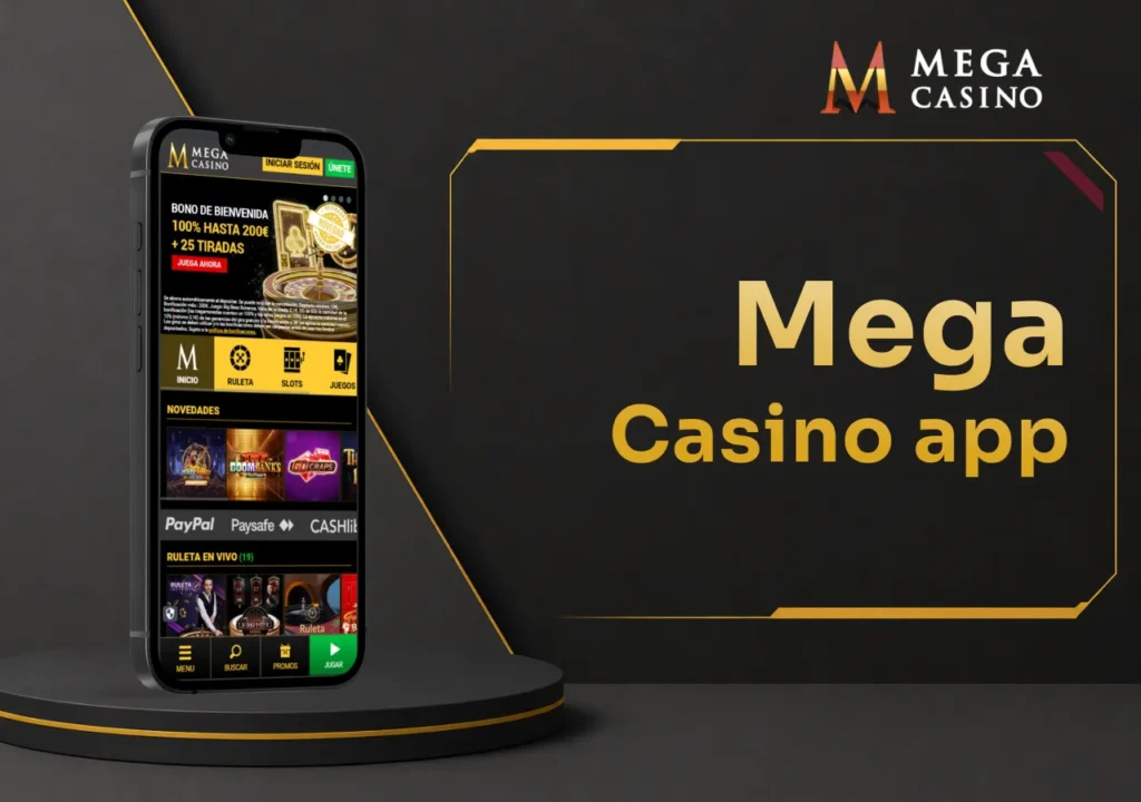 Teléfono con la página de inicio de Mega Casino optimizada para dispositivos móviles.